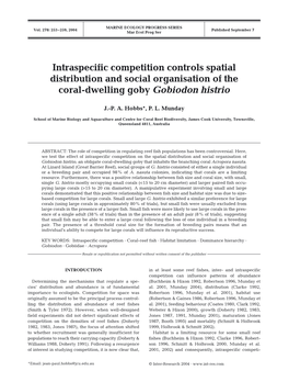 Intraspecific Competition Controls Spatial Distribution and Social Organisation of the Coral-Dwelling Goby Gobiodon Histrio