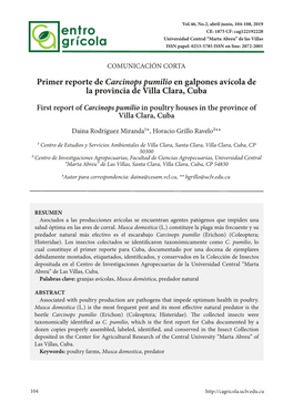 Primer Reporte De Carcinops Pumilio En Galpones Avícola De La Provincia De Villa Clara, Cuba