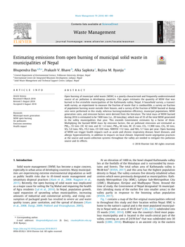 Estimating Emissions from Open Burning of Municipal Solid Waste in Municipalities of Nepal ⇑ Bhupendra Das A,B, , Prakash V