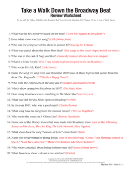 Take a Walk Down the Broadway Beat Review Worksheet for Use with the “Take a Walk Down the Broadway Beat” Lesson from the May/June 2010 (Volume 10, No