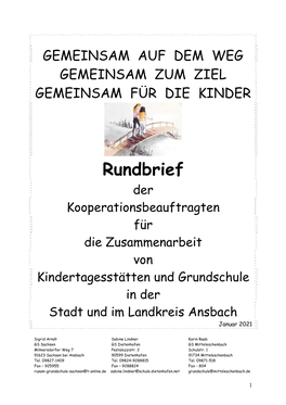 Rundbrief Der Kooperationsbeauftragten Für Die Zusammenarbeit Von Kindertagesstätten Und Grundschule in Der Stadt Und Im Landkreis Ansbach Januar 2021