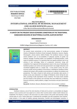 INTERNATIONAL JOURNAL of BUSINESS, MANAGEMENT and ALLIED SCIENCES (IJBMAS) a Peer Reviewed International Research Journal