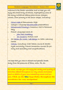 Modern Languages Newsletter—Easter 2012 As Usual, We Hope You Will Enjoy the Variety and Quality of Activities Offered Through