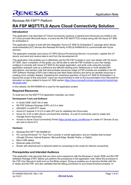 RA FSP MQTT/TLS Azure Cloud Connectivity Solution Application