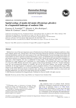 Spatial Ecology of Monito Del Monte (Dromiciops Gliroides) in a Fragmented Landscape of Southern Chile Francisco E