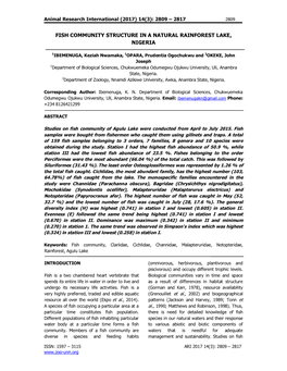Fish Community Structure in a Natural Rainforest Lake, Nigeria