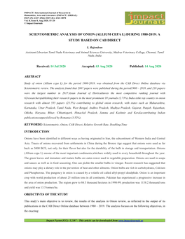 Scientometric Analysis of Onion (Allium Cepa L) During 1980-2019: a Study Based on Cab Direct