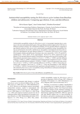 Antimicrobial Susceptibility Testing for Helicobacter Pylori Isolates from Brazilian Children and Adolescents: Comparing Agar Dilution, E-Test, and Disk Diffusion