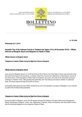 Apostolic Trip of His Holiness Francis to Thailand and Japan (19 to 26 November 2019) – Official Welcome at Bangkok Airport and Telegrams to Heads of State