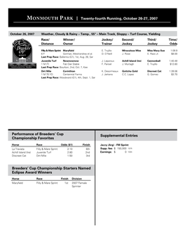 Monmouth Park Twenty-Fourth Running, October 26-27, 2007