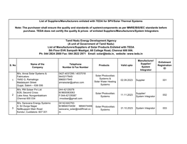 List of Manufacturers/Suppliers of Solar Products Enlisted with TEDA 5Th Floor EVK Sampath Maaligai, 68 College Road, Chennai 600 006