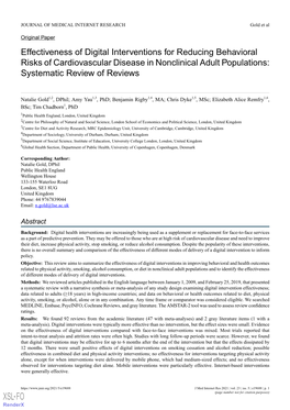 Effectiveness of Digital Interventions for Reducing Behavioral Risks of Cardiovascular Disease in Nonclinical Adult Populations: Systematic Review of Reviews