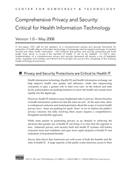 Comprehensive Privacy and Security: Critical for Health Information Technology