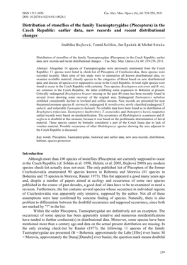 Distribution of Stoneflies of the Family Taeniopterygidae (Plecoptera) in the Czech Republic: Earlier Data, New Records and Recent Distributional Changes