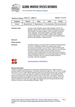 FULL ACCOUNT FOR: Verbascum Thapsus Global Invasive Species Database (GISD) 2021. Species Profile Verbascum Thapsus. Available F