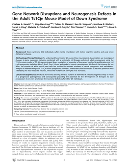 Gene Network Disruptions and Neurogenesis Defects in the Adult Ts1cje Mouse Model of Down Syndrome