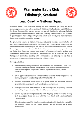 Warrender Baths Club Edinburgh, Scotland Lead Coach – National Squad