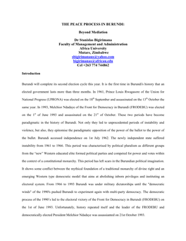 THE PEACE PROCESS in BURUNDI: Beyond Mediation Dr