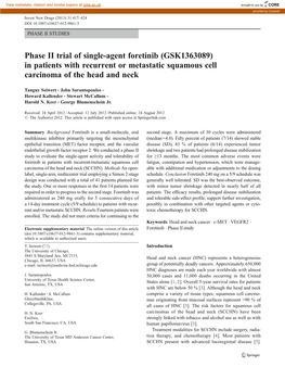 Phase II Trial of Single-Agent Foretinib (GSK1363089) in Patients with Recurrent Or Metastatic Squamous Cell Carcinoma of the Head and Neck