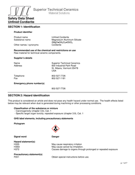 Unfired Cordierite SECTION 1: Identification