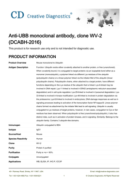 Anti-UBB Monoclonal Antibody, Clone WV-2 (DCABH-2016) This Product Is for Research Use Only and Is Not Intended for Diagnostic Use