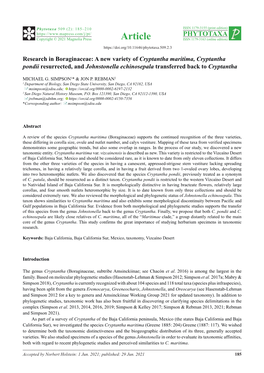 Research in Boraginaceae: a New Variety of Cryptantha Maritima, Cryptantha Pondii Resurrected, and Johnstonella Echinosepala Transferred Back to Cryptantha