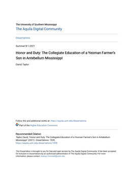 Honor and Duty: the Collegiate Education of a Yeoman Farmer's Son