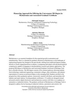 Pioneering Approach for Offering the Convergence MS Degree in Mechatronics and Associated Graduate Certificate