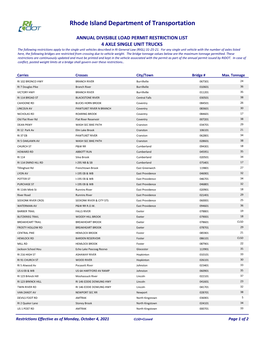 4 AXLE SINGLE UNIT TRUCKS the Following Restrictions Apply to the Single Unit Vehicles Described in RI General Law (RIGL) 31-25-21