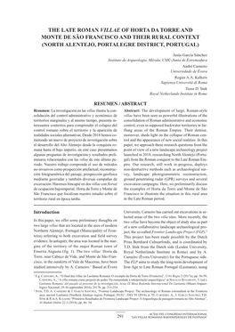 The Late Roman Villae of Horta Da Torre and Monte De São Francisco and Their Rural Context (North Alentejo, Portalegre District, Portugal)