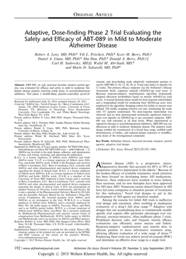 Adaptive, Dose-Finding Phase 2 Trial Evaluating the Safety and Efficacy of ABT-089 in Mild to Moderate Alzheimer Disease