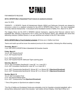 2019 U SPORTS Men's Basketball Final 8 Returns to Weekend Schedule