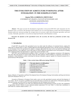 The Evolution of Agriculture in Romania After Integration in the European Union