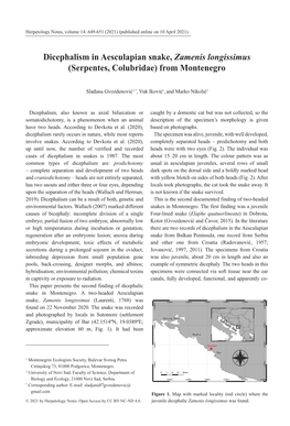 Dicephalism in Aesculapian Snake, Zamenis Longissimus (Serpentes, Colubridae) from Montenegro