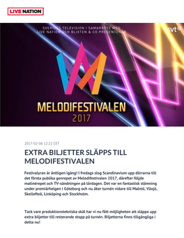 Extra Biljetter Släpps Till Melodifestivalen