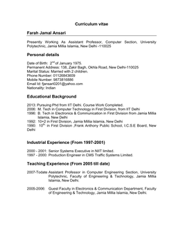 Curriculum Vitae Farah Jamal Ansari