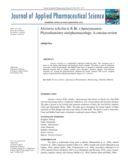 Alstonia Scholaris R.Br. (Apocynaceae): Received: 07-08-2011 Revised On: 11-08-2011 Accepted: 12-08-2011 Phytochemistry and Pharmacology: a Concise Review