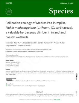 Pollination Ecology of Madras Pea Pumpkin, Mukia Maderaspatana (L.) Roem