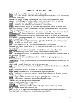 GLOSSARY of SPINNING TERMS Batts - Carded Hunks of Fiber As It Comes Off of a Drumcarder Bench – Also Called the Table