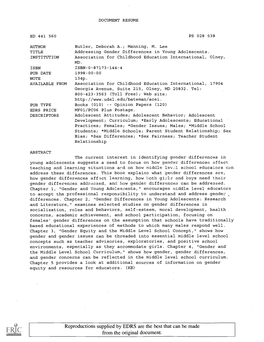 Addressing Gender Differences in Young Adolescents. INSTITUTION Association for Childhood Education International, Olney, MD