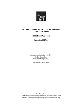 Transcript of a Video Oral History Interview with Herbert Deutsch, July 25, 2014