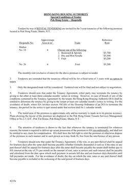 Special Conditions of Tender Pok Hong Estate – Shopstalls