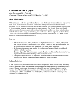 CHLOROETHANE (C2h5cl) Also Known As Ethyl Chloride Chemical Abstracts Service (CAS) Number: 75-00-3