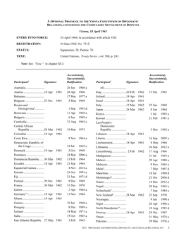 Vienna, 18 April 1961 .ENTRY INTO FORCE