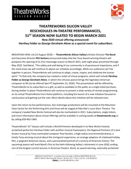 Theatreworks Silicon Valley Reschedules In-Theatre