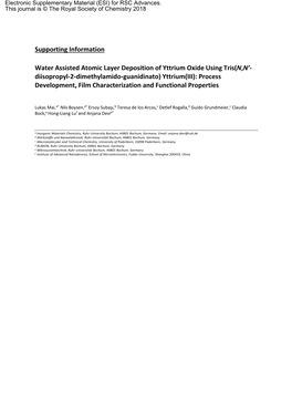 Supporting Information Water Assisted Atomic Layer Deposition of Yttrium Oxide Using Tris(N,N'- Diisopropyl-2-Dimethylamido-Gu