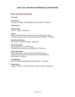 2016 Leo Award Nominees & Winners