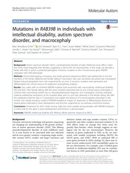Mutations in RAB39B in Individuals with Intellectual Disability, Autism Spectrum Disorder, and Macrocephaly Marc Woodbury-Smith1,2* , Eric Deneault2, Ryan K