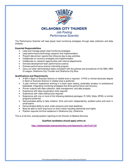 OKLAHOMA CITY THUNDER Job Posting Performance Scientist