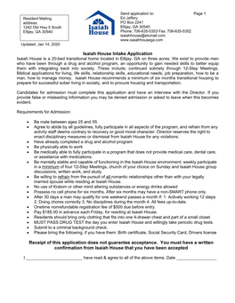 Isaiah House Intake Application Receipt of This Application Does Not